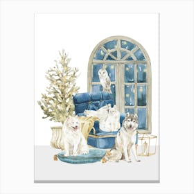 Christmas With Dogs And Owls Canvas Print