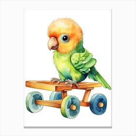 Baby Parrot On A Toy Car, Watercolour Nursery 3 Canvas Print