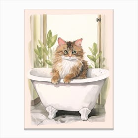 Norwegian Forest Cat In Bathtub Botanical Bathroom 2 Canvas Print