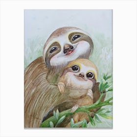 Cute Sloth with Baby, Delicate Watercolor Canvas Print