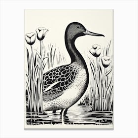 B&W Bird Linocut Canvasback 1 Canvas Print