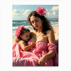 Mother And Daughter Wear Pink At Beach Canvas Print