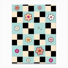 Checkered Flower Mint Check Canvas Print