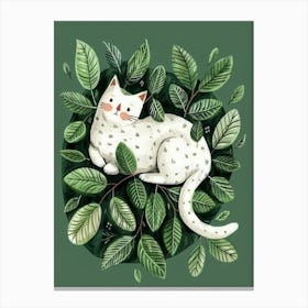 White Cat In Green Leaves 1 Canvas Print