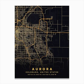 Aurora Colorado USA Black And Gold Map Canvas Print