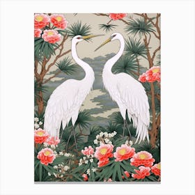 Lily And Cranes Vintage Japanese Botanical Canvas Print