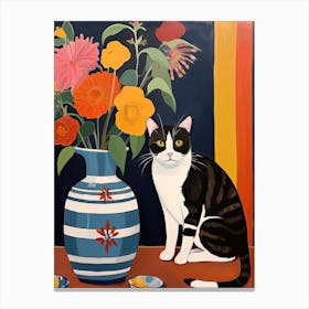 Daisy Flower Vase And A Cat, A Painting In The Style Of Matisse 0 Canvas Print