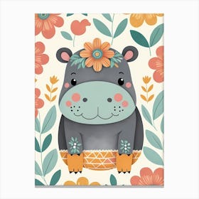 Floral Baby Hippo Nursery Illustration (39) Canvas Print