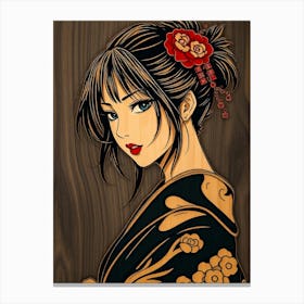 Geisha Girl Wood Portrait Canvas Print