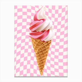 Ice Cream Cone On A Checkered Background Print Canvas Print