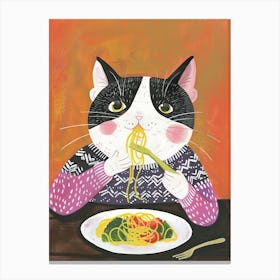 Black And White Cat Eating Pizza Folk Illustration 4 Canvas Print
