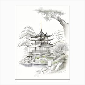 Ginkaku Ji Temple, Japan Vintage Pencil Drawing Canvas Print