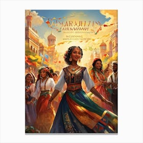 A Multicultural Parade Illustrative Poster Style Showcasing Various Ethnic Groups Dressed In Tradi (5) Canvas Print