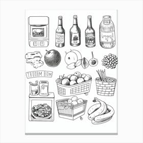 Groceries Collection Black And White Line Art Canvas Print