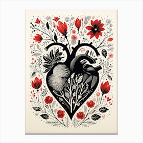 Anatomical Heart Abstract Floral Sepia Red Canvas Print