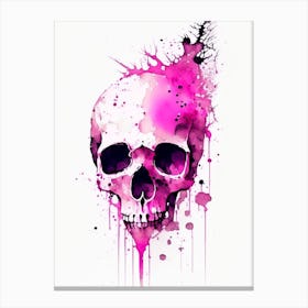 Skull With Watercolor Or Splatter Effects 2 Pink Line Drawing Canvas Print