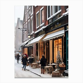 Amsterdam cafes, winter season, Christmas, autumn oil colors, pale colors, pedestrians in the street, winter clothes, falling snow.3 1 Canvas Print