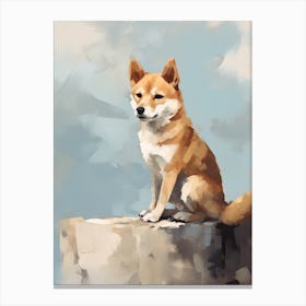 Shiba Inu Dog, Painting In Light Teal And Brown 0 Canvas Print