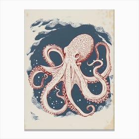 Red & Blue Octopus Retro Linocut Inspired 6 Canvas Print