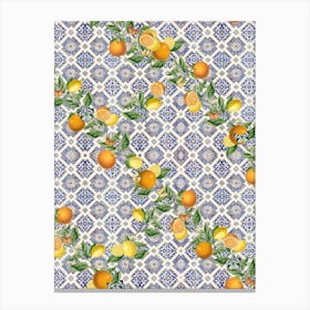 Blue azulejos tiles, oranges and citrus Canvas Print