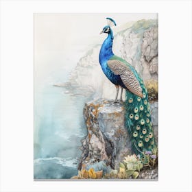 Peacock On A Cliff Edge Watercolour 2 Canvas Print