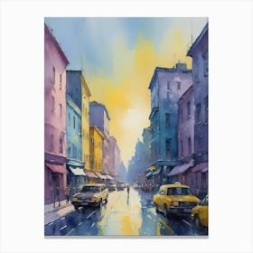 Colored Painting Of A Cityscape,Indigo And Yellow,Purple (9) Canvas Print