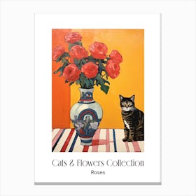 Cats & Flowers Collection Rose Flower Vase And A Cat, A Painting In The Style Of Matisse 9 Canvas Print