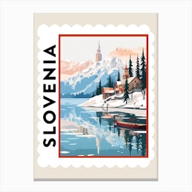 Retro Winter Stamp Poster Lake Bled Slovenia 1 Canvas Print