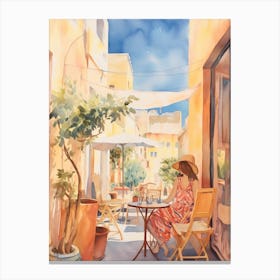 At A Cafe In Rhodes Greece Watercolour Canvas Print