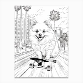 Pomeranian Dog Skateboarding Line Art 1 Canvas Print