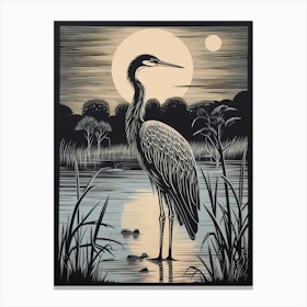 Vintage Bird Linocut Great Blue Heron 2 Canvas Print