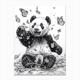 Giant Panda Cub Playing With Butterflies Ink Illustration 2 Canvas Print
