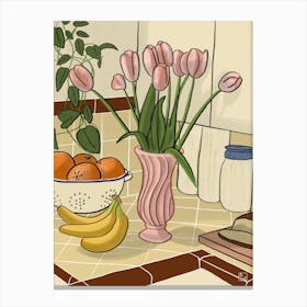 Kitchen Still Life With Pink Tulips Canvas Print
