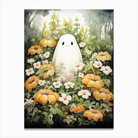 Cute Bedsheet Ghost, Botanical Halloween Watercolour 38 Canvas Print