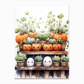 Cute Bedsheet Ghost, Botanical Halloween Watercolour 88 Canvas Print