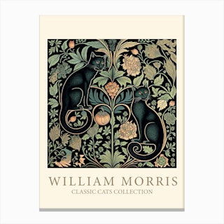 William Morris  Inspired Cats Collection Black And Green Canvas Print