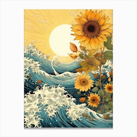 Great Wave With Sunflower Flower Drawing In The Style Of Ukiyo E 3 Canvas Print