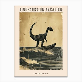Vintage Diplodocus Dinosaur On A Surf Board 1 Poster Canvas Print