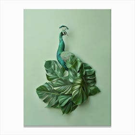 Peacock On Green Leaves Canvas Print