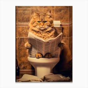 Cat Reading Newspaper On Toilet Canvas Print
