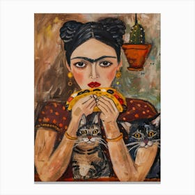 Portrait Of A Woman With Cats Eating Tacos 2 Canvas Print