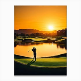 Golfer Mid Swing By A Radiant Sunset Silhouetted On A Serene Golf Course Rolling Hills Backlit By (7) Canvas Print