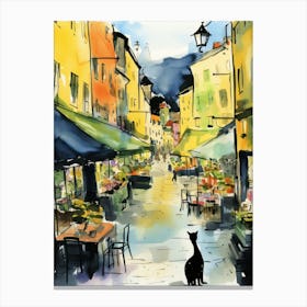 Food Market With Cats In Stockholm 3 Watercolour Canvas Print