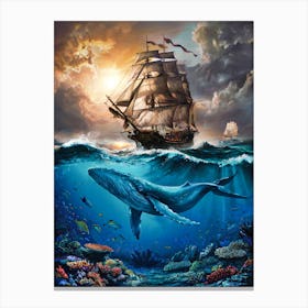 Sailing Ship with Underwater World. Oil Painting #3 Canvas Print