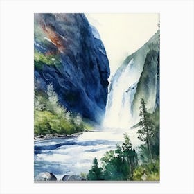 Kjosfossen, Norway Water Colour  (1) Canvas Print