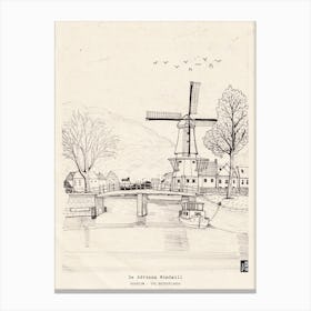 Haarlem Netherlands Pen & Ink Art Print - Windmill Black Fine Line Illustration - Dutch Windmill Print - Netherlands Travel Art Print Canvas Print