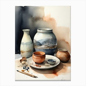 Watercolor Of Vases And Bowls Canvas Print