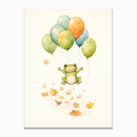 Frog Flying With Autumn Fall Pumpkins And Balloons Watercolour Nursery 1 Canvas Print