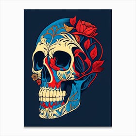 Skull With Tattoo Style Artwork Primary Colours Line Drawing Canvas Print