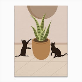 Vintage Minimal Art Two Cats Playing With A Plant Canvas Print